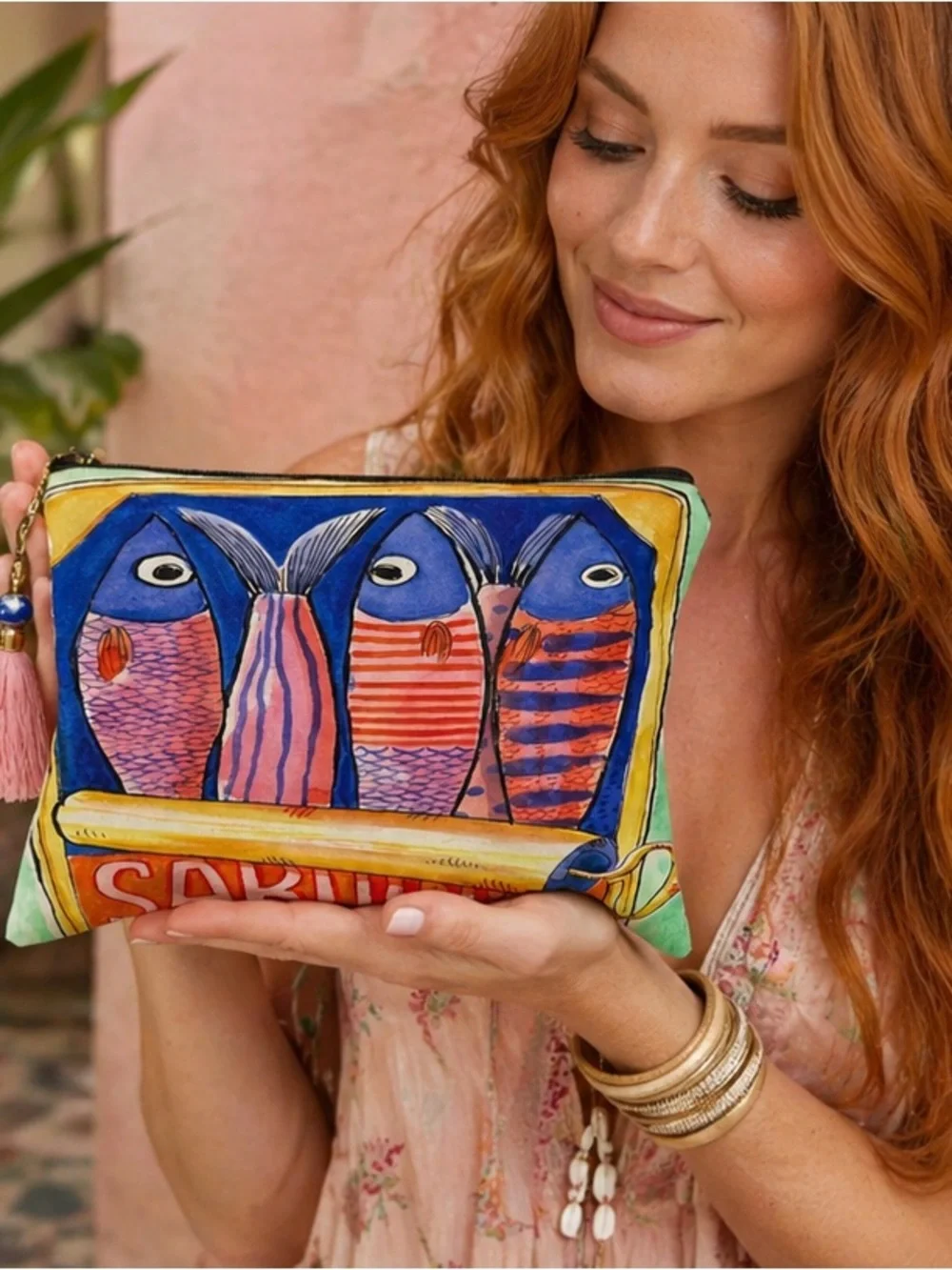 Colorful Sardine Fish Cosmetic Pouch Statement Makeup Bag Coastal Travel Case